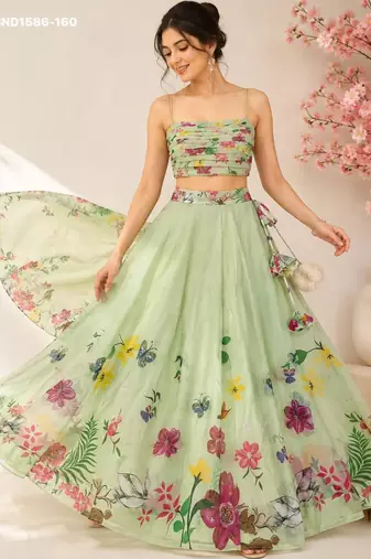 light green silk blend printed festive lehenga choli