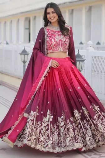 rani pink silk blend embroidered festive lehenga choli