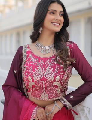 rani pink silk blend embroidered festive lehenga choli 2