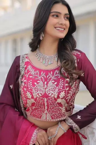 rani pink silk blend embroidered festive lehenga choli