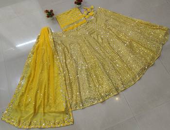 Radiant yellow Intricate 9MM sequin & zari embroidered Faux Georgette designer Wedding Haldi Ceremony lehenga choli set 6