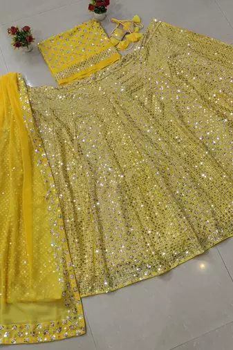Radiant yellow Intricate 9MM sequin & zari embroidered Faux Georgette designer Wedding Haldi Ceremony lehenga choli set