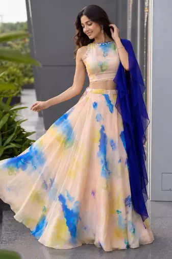 multicolor organza printed festive lehenga choli