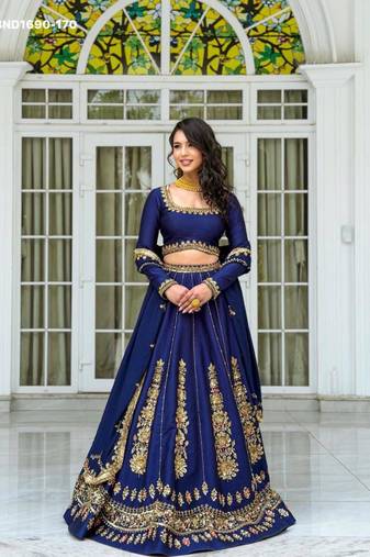 navy blue silk blend embroidered wedding lehenga choli
