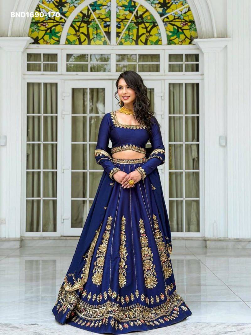 navy blue silk blend embroidered wedding lehenga choli