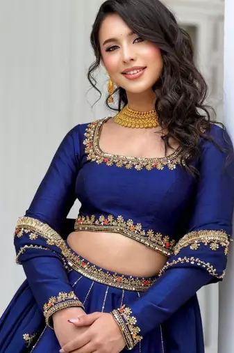 navy blue silk blend embroidered wedding lehenga choli