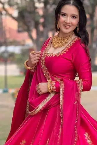 rani pink silk blend embroidered wedding lehenga choli