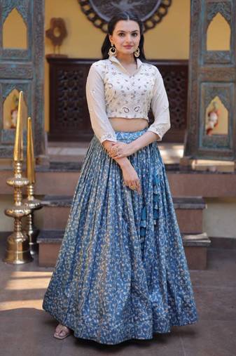 blue jacquard woven festive lehenga choli