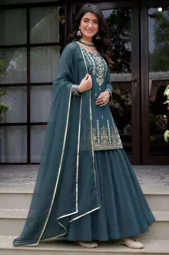 teal silk blend plain party lehenga choli