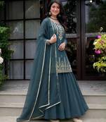 teal silk blend plain party lehenga choli