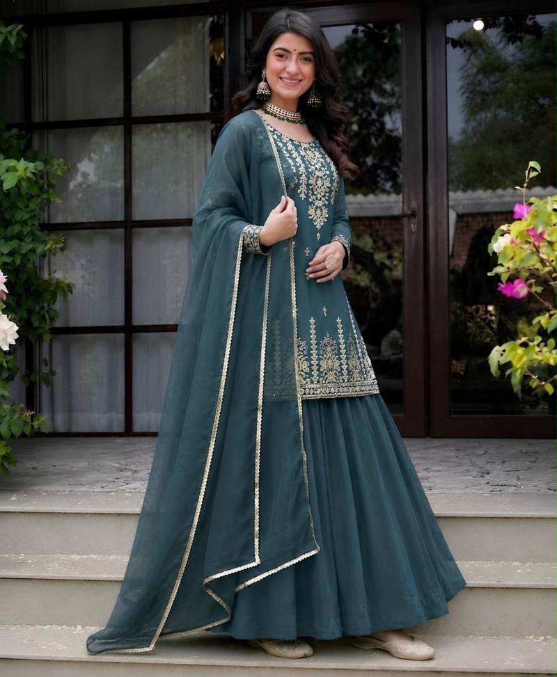 teal silk blend plain party lehenga choli