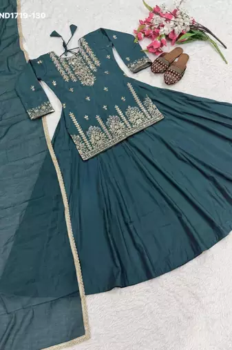 teal silk blend plain party lehenga choli