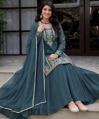 teal silk blend plain party lehenga choli 3