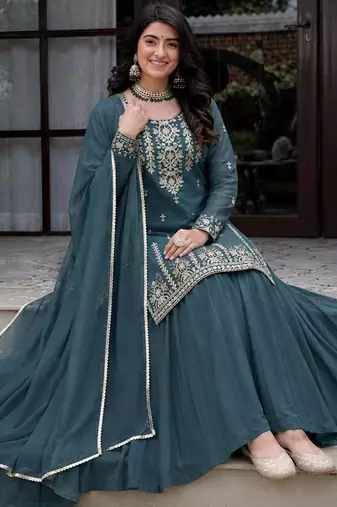 teal silk blend plain party lehenga choli