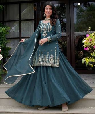 teal silk blend plain party lehenga choli 4