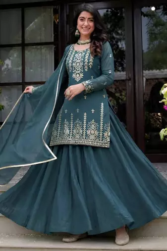 teal silk blend plain party lehenga choli
