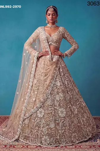 beige net embroidered bridal lehenga choli