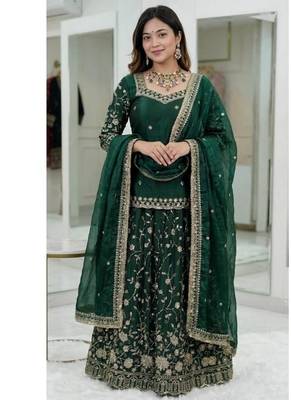Dark Green Embroidered Fendy Full-Stitched Sharara Palazzo Suit Set 1