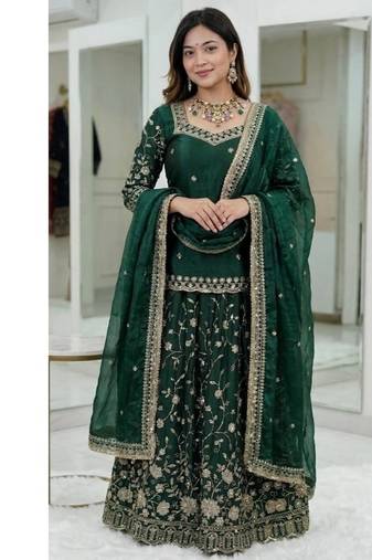 Dark Green Embroidered Fendy Full-Stitched Sharara Palazzo Suit Set