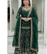 Dark Green Embroidered Fendy Full-Stitched Sharara Palazzo Suit Set