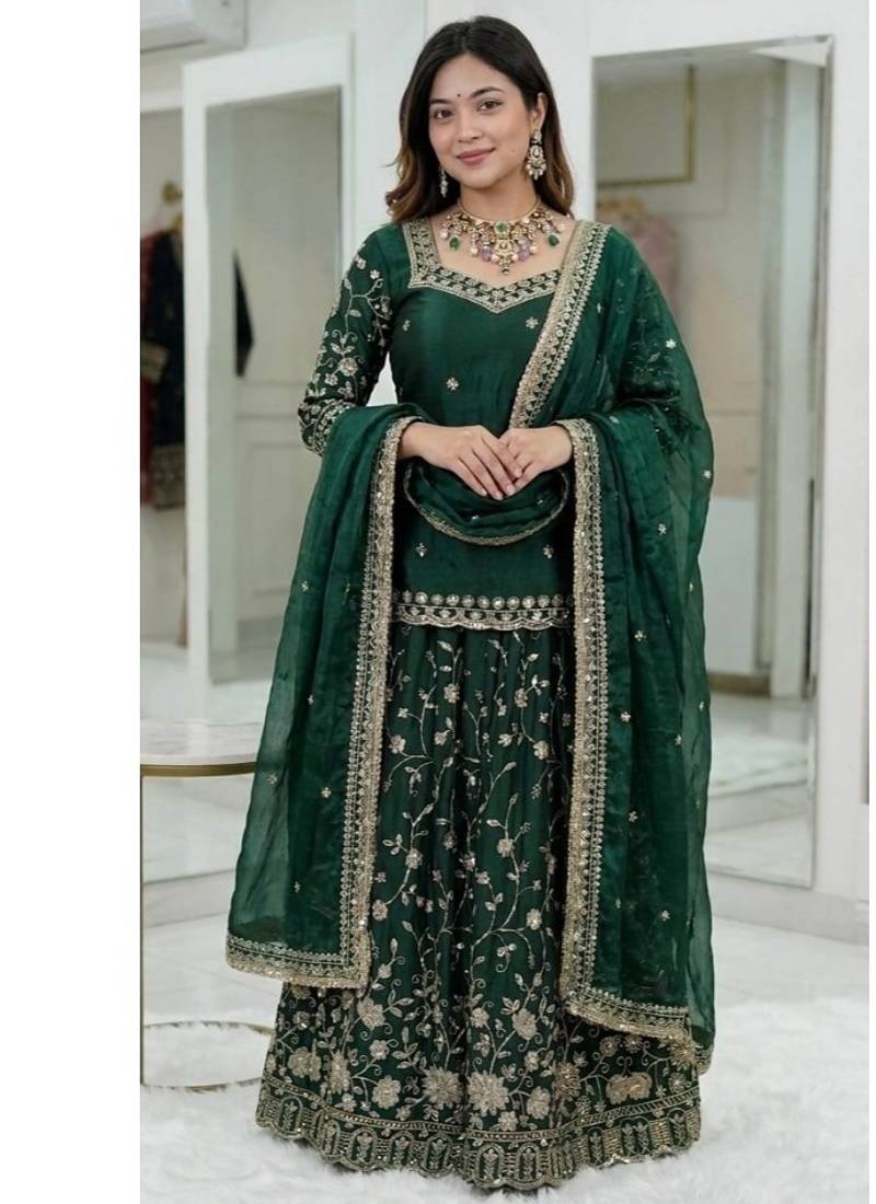 Dark Green Embroidered Fendy Full-Stitched Sharara Palazzo Suit Set