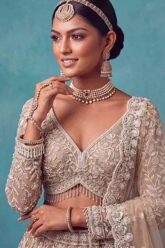 beige net embroidered bridal lehenga choli