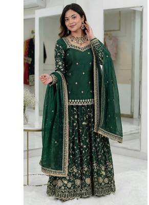 Dark Green Embroidered Fendy Full-Stitched Sharara Palazzo Suit Set 2