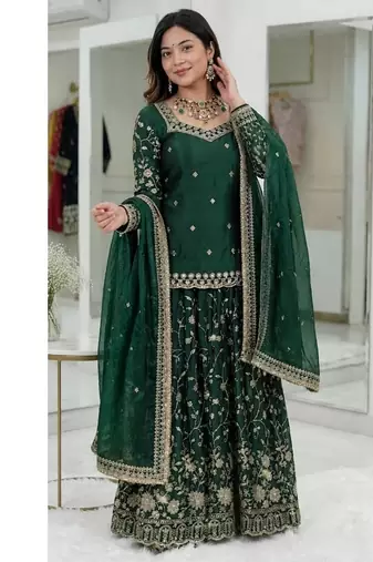 Dark Green Embroidered Fendy Full-Stitched Sharara Palazzo Suit Set