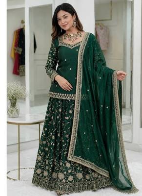 Dark Green Embroidered Fendy Full-Stitched Sharara Palazzo Suit Set 3