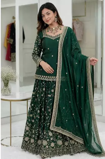 Dark Green Embroidered Fendy Full-Stitched Sharara Palazzo Suit Set