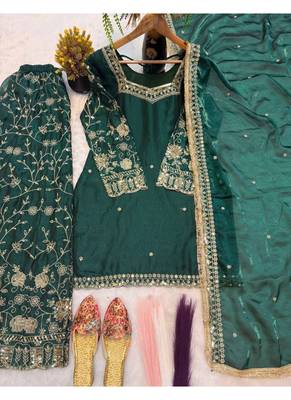 Dark Green Embroidered Fendy Full-Stitched Sharara Palazzo Suit Set 4