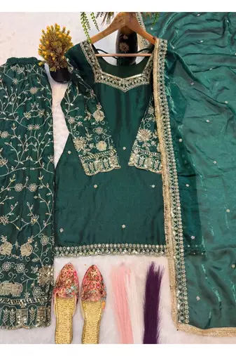 Dark Green Embroidered Fendy Full-Stitched Sharara Palazzo Suit Set