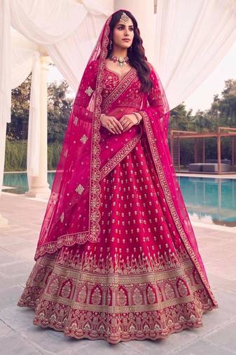 pink silk blend embroidered bridal lehenga choli