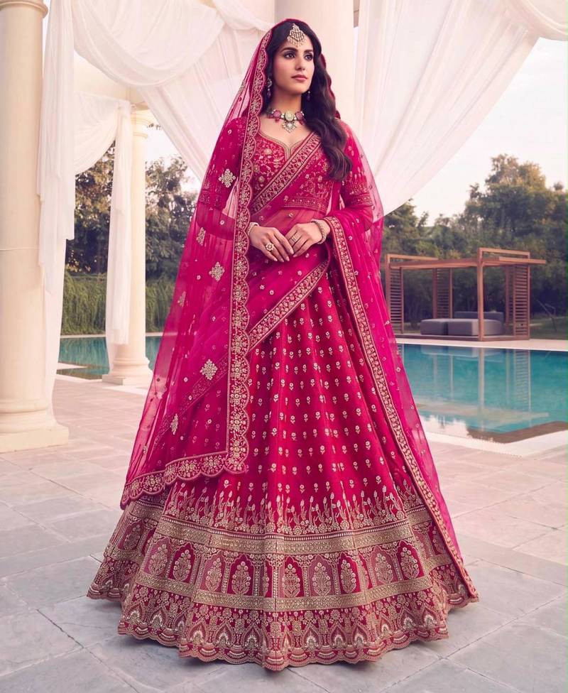 pink silk blend embroidered bridal lehenga choli