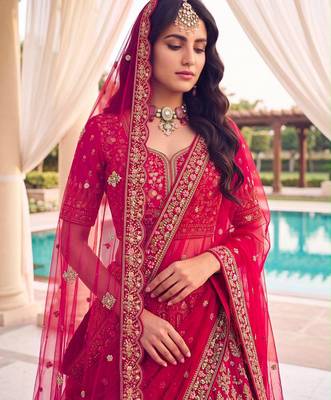 pink silk blend embroidered bridal lehenga choli 4