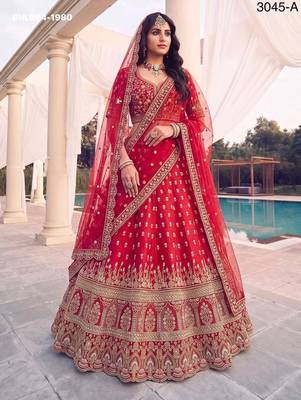 red silk blend embroidered bridal lehenga choli 1