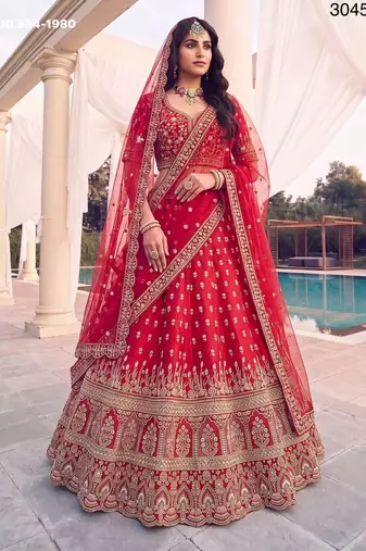 red silk blend embroidered bridal lehenga choli