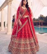 red silk blend embroidered bridal lehenga choli