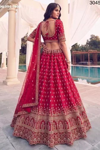 red silk blend embroidered bridal lehenga choli