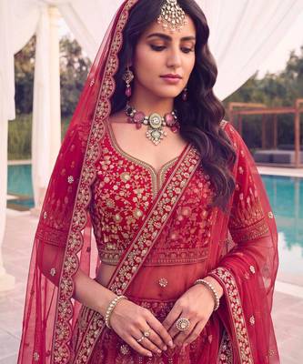 red silk blend embroidered bridal lehenga choli 4