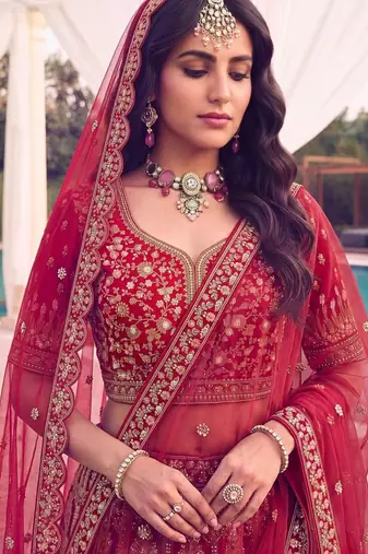 red silk blend embroidered bridal lehenga choli