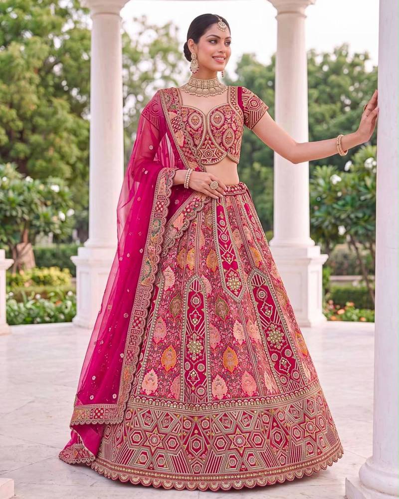 pink silk blend embroidered bridal lehenga choli