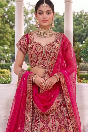 pink silk blend embroidered bridal lehenga choli