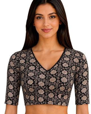 Black cotton blend kalamkari printed front open stretchable readymade saree blouse 1