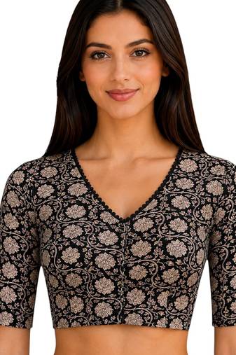 Black cotton blend kalamkari printed front open stretchable readymade saree blouse