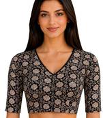 Black cotton blend kalamkari printed front open stretchable readymade saree blouse