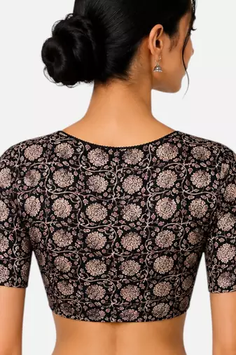 Black cotton blend kalamkari printed front open stretchable readymade saree blouse