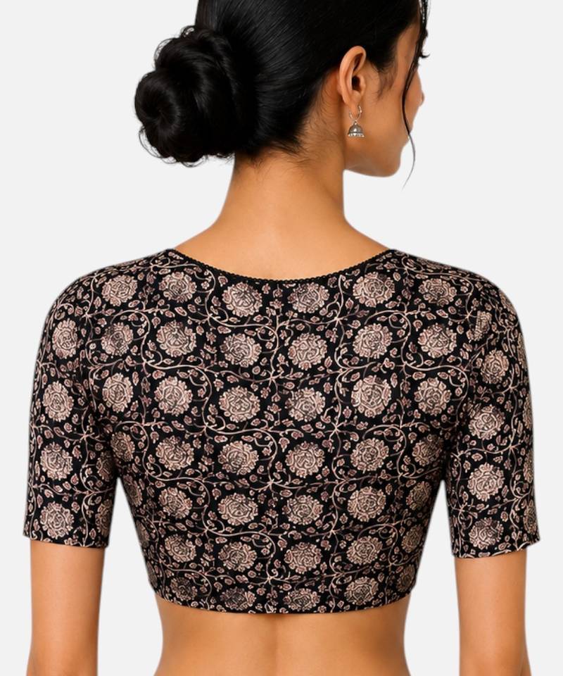Black cotton blend kalamkari printed front open stretchable readymade saree blouse