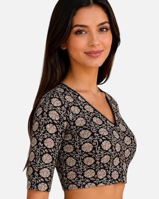 Black cotton blend kalamkari printed front open stretchable readymade saree blouse 3