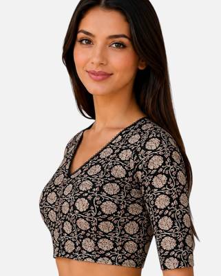 Black cotton blend kalamkari printed front open stretchable readymade saree blouse 4